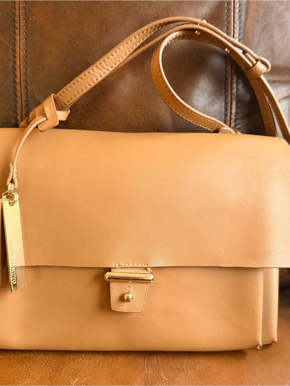 Vince Camuto Camel/Tan Leather Flap Shoulder Bag with Gold Accent